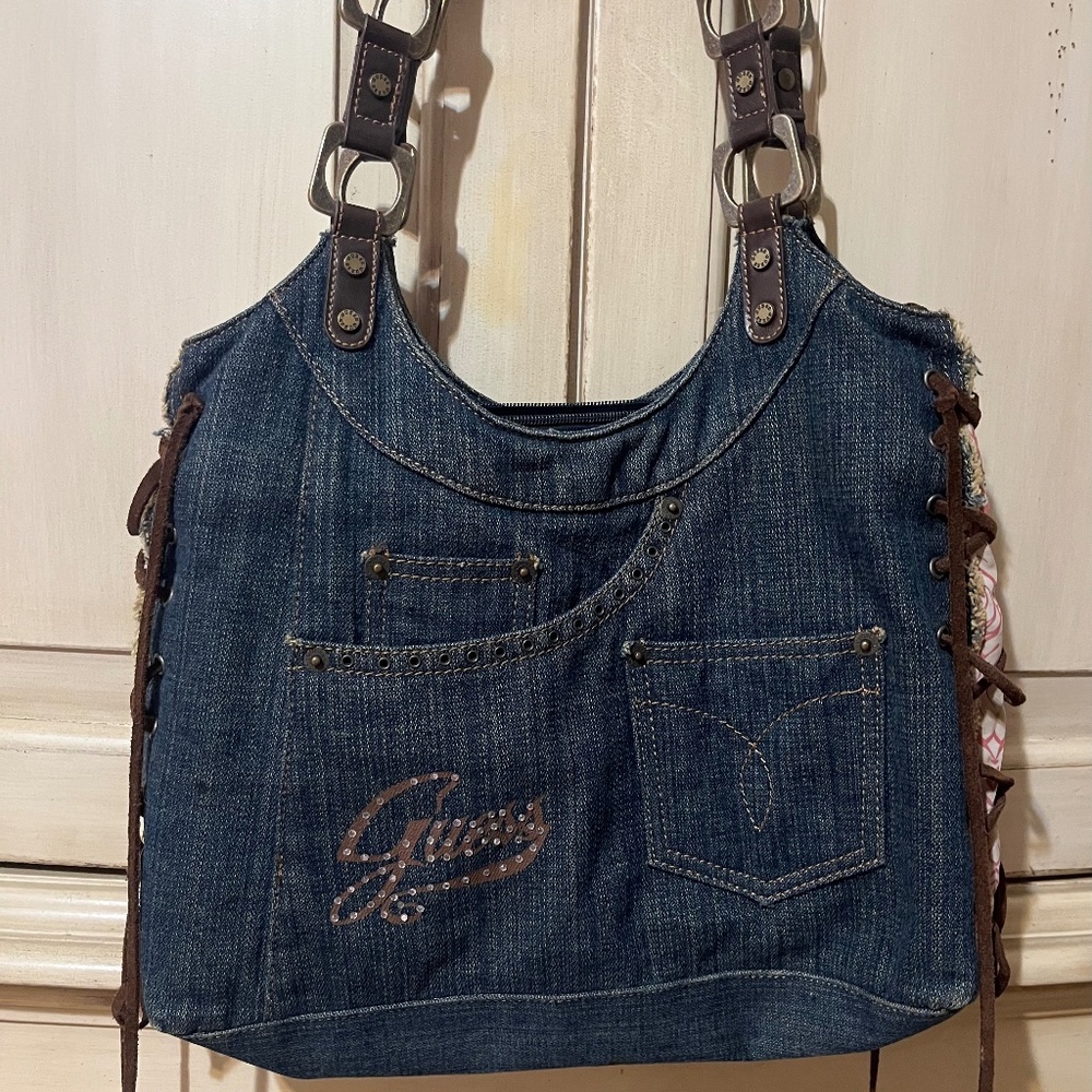 Rare Vintage Y2K Denim Guess Bag with Rhinestones and Leather Boho Details